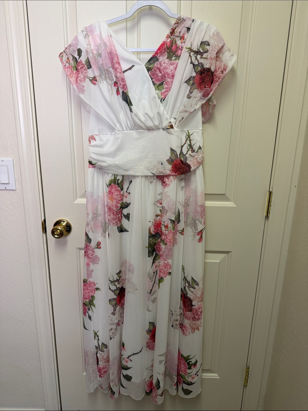 SHEIN White Maxi Dress with Pink Floral Print and Green Accents